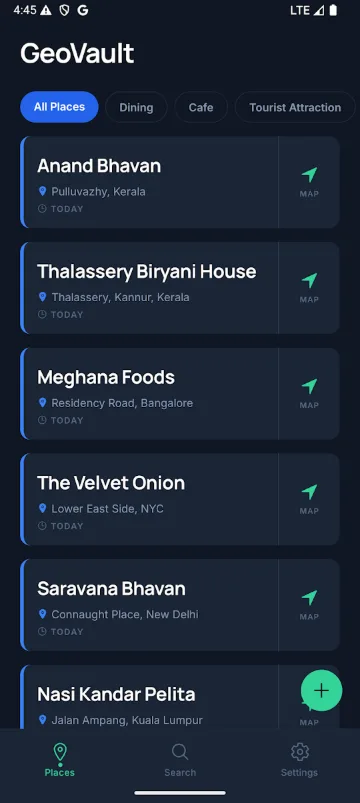 GeoVault saved places list